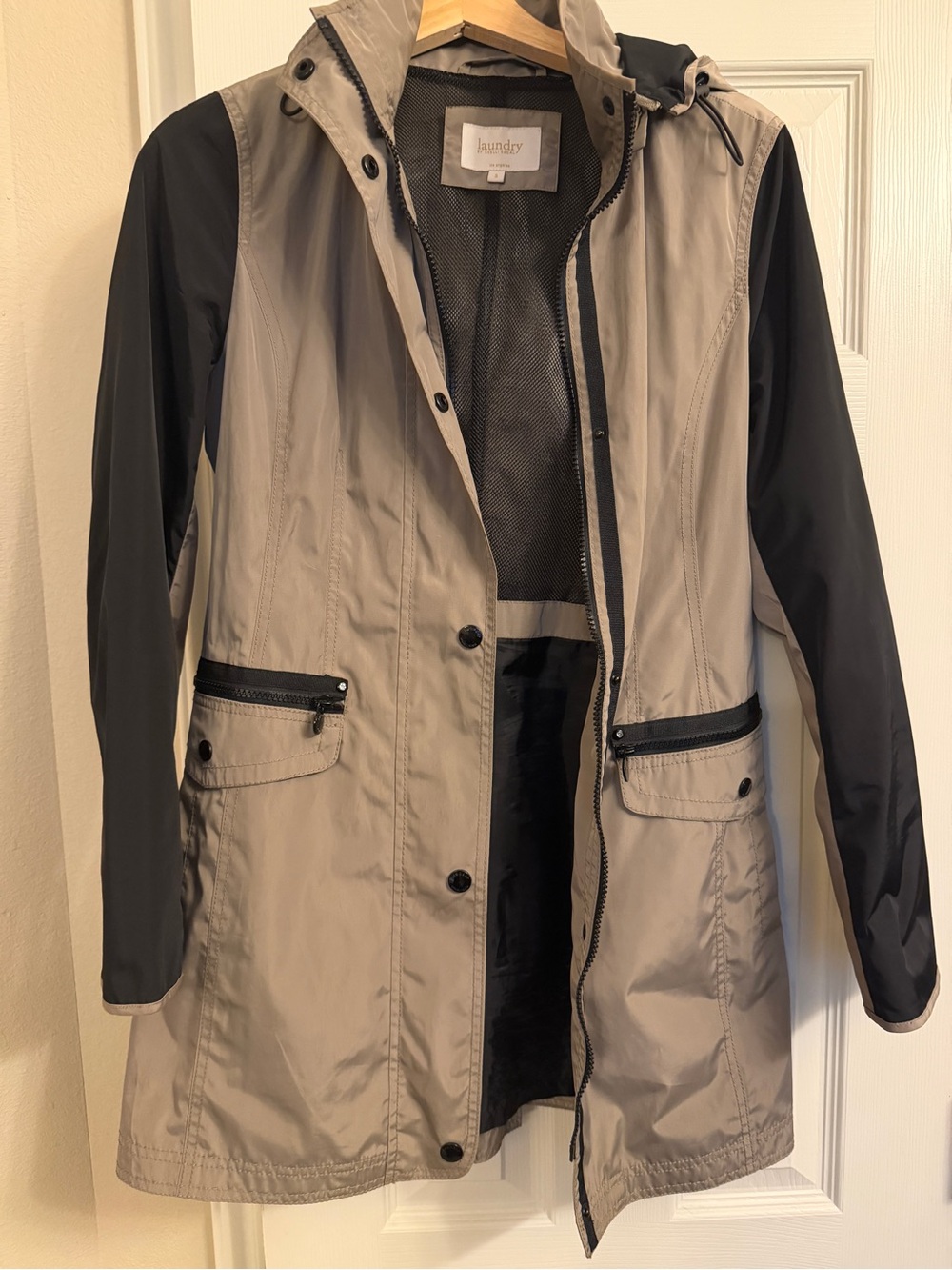 Laundry By Shelli Segal Taupe and Black Hooded Trench Raincoat